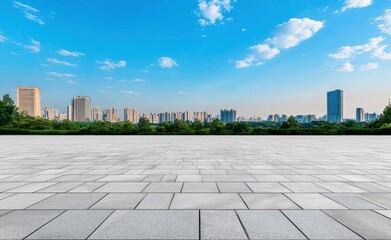 Aufkleber - Empty marble floor with city skyline and blue sky in background