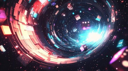 Wall Mural - Abstract Digital Swirl of Light and Colorful Cubes in Space