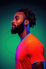 Profile of a Man in Vibrant Neon Lighting with Modern Hairstyle and Beard