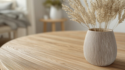 Canvas Print - textured vase with dried flowers sits on wooden table, creating warm and inviting atmosphere in cozy interior. natural elements enhance serene decor