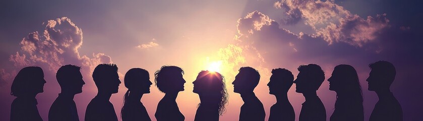 Wall Mural - Silhouetted people facing sunset, hope, unity.  Relationship concept