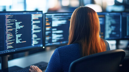 Coding session developer programming at workstation office digital focus