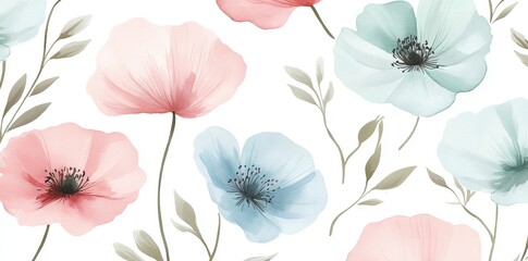 Wall Mural - A minimalistic, vibrant abstract pattern featuring poppy flowers, created with pastel watercolor. A modern collage print, perfect for fashionable design templates