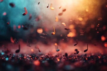 Poster - Abstract music notes float against a soft bokeh background, with a colorful blur of lights creating a sense of rhythm and movement in visual art