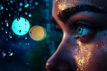 Aufkleber - Water droplets rest on an eyelid, reflecting soft light to highlight intricate details and create a calming, serene ambiance emphasizing beauty and tranquility