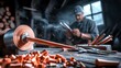 © ikhsan - Craftsman shaping wooden pieces in workshop, surrounded by tools and wood shavings
