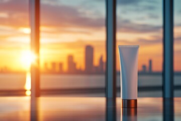 Poster - A single toothpaste tube with a sleek design stands upright on a glossy surface, creating a modern aesthetic against a sunset view of the city
