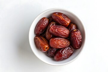 Delicious fresh organic dates in a white ceramic bowl on a clean bright surface background food diet