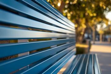 Poster - Close-up view of a blue bench with white legs, highlighted by soft lighting, emphasizing its sleek design against a clean background, ideal for various spaces