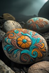 Colorful Pattern Painted Stones Laying on Ground Artwork Decoration Creative Design