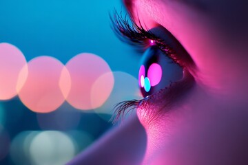 Aufkleber - A close-up captures a single eye reflecting neon lights in pink and blue tones, creating an emotive atmosphere against a soft, blurred urban night background