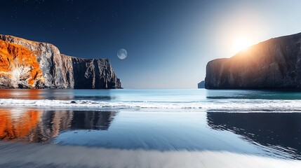 Poster - Serene coastal landscape at sunrise with cliffs, calm water, and a distant moonlit sky