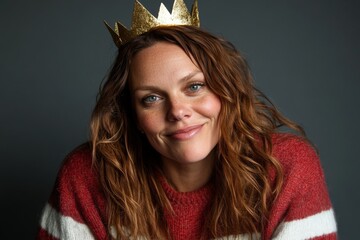 Woman smiles confidently in a red and white striped sweater with a gold crown, set against a soft neutral background, embodying a stylish fashion statement