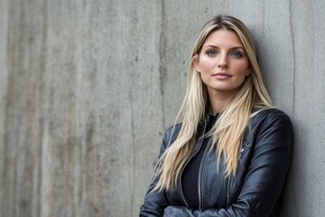 A woman exudes confidence in a black leather jacket, relaxed against a textured wall, showcasing a modern urban vibe with soft lighting and neutral backdrop