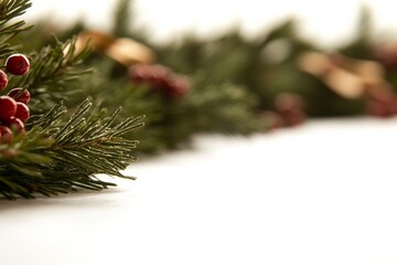 Aufkleber - Close-up of a beautiful Christmas ornament nestled among evergreen branches, red berries, and golden ribbons, perfect for festive design needs and seasonal displays