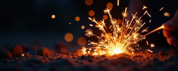 Poster - Burning sparklers, swirling light patterns, dark background, burning, colorful, art