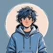 © Arceli - A teenage boy embarrassed with long shaggy hair wearing a winter hoodie in a simple hand drawing flat line design