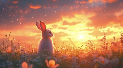 Wall Mural - Rabbit watching a sunset over a field of flowers in a serene landscape