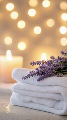 Poster - Luxurious spa interior revealing neatly folded towels, softly burning candles, and fragrant lavender sprigs, embodying ultimate relaxation and serene wellness environment