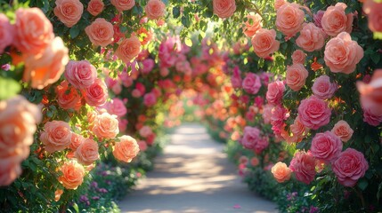 Wall Mural - Pathway flanked by blooming roses in a beautiful garden during early morning light