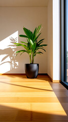 Wall Mural - A vibrant indoor plant in a black pot casts shadows on wooden flooring, illuminated by natural light through a large window.