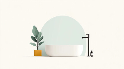 Wall Mural - A modern bathroom scene featuring a sleek bathtub, minimalistic faucet, and a decorative plant in a pot.