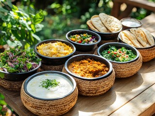 Savoring authentic ethiopian cuisine injera bread and colorful stews in traditional woven bowls outdoor setting cultural experience