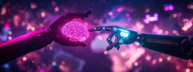 Machine learning. Robotic hand interacting with binary information. Ahead-of-its-time AI stock. Advanced deep learning. Brain as a metaphor. Algorithmic progress. Neural network design. Big data