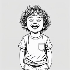 Wall Mural - A preschool boy giggling with curly bangs wearing a summer t shirt and shorts in a simple hand drawing flat line design