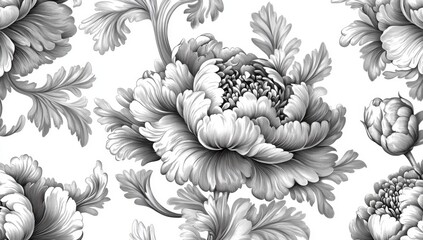 Wall Mural - A complex black and white floral design textile background, with a modern vintage botanical floral illustration, suitable for decoration, wall hangings, wallpaper, covers, banners, posters, and