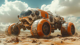 Orange rover traverses Martian desert under cloudy sky; science fiction exploration