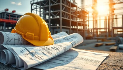 Wall Mural - construction site, yellow safety helmet, rolled blueprints, sunset lighting, industrial scaffolding