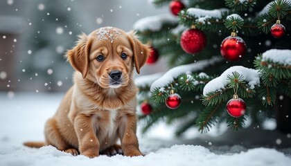 Adorable puppy with snow on its head sitting beside Christmas tree adorned with red ornaments
