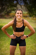 © Dewald - Young female athlete in black sportswear exercising outdoors in a scenic rural setting. Captured in various poses, including stretching, jumping, and smiling.
