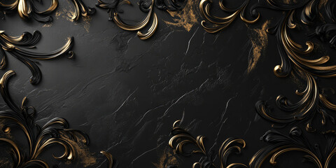 Wall Mural - Elegant black metal with golden ornamental engravings, creating a regal, luxurious background. The deep, dark matte texture contrasts beautifully with intricate, glowing gold filigree, making it