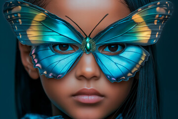 Young girl wearing butterfly-themed mask engages in creative expression indoors during spring afternoon