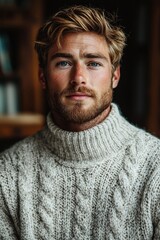 Wall Mural - Young man with stylish beard and blue eyes wearing a cozy knit sweater in a rustic indoor setting during winter