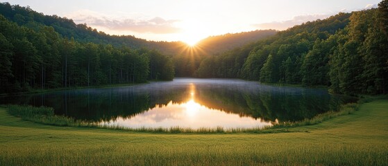 Serene lake view surrounded by lush green trees and reflections on calm water during bright sunny day