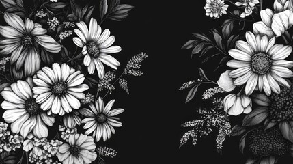 An illustration in shades of one color, showcasing various flowers and leaves on a black base