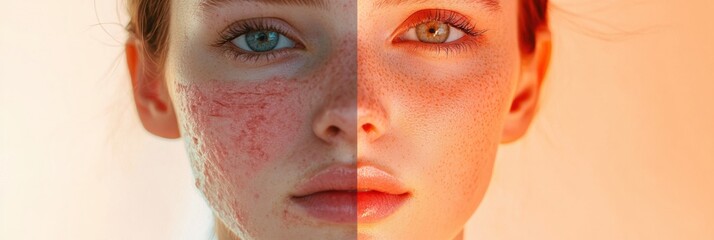 Poster - Split face comparison highlighting acne and redness on one side and smooth glowing skin on the other with room for text. Generative AI