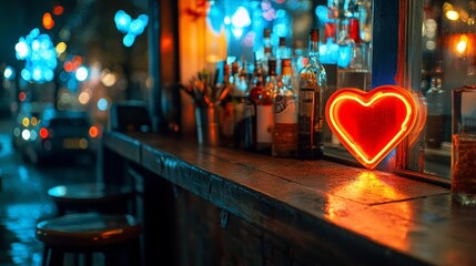 Wall Mural - At the night market, a neon heart sign on a city street creates a romantic ambiance, doubling as an eye-catching advertisement