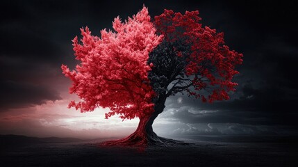 Wall Mural - Dual-colored tree, stormy sky, field; duality concept art