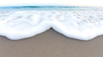 Poster - Serene ocean waves gently lapping against a sandy beach at sunset, creating a tranquil scene