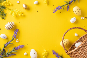 Wall Mural - decorative easter theme with eggs, flowers, a wicker basket, and a vibrant yellow backdrop