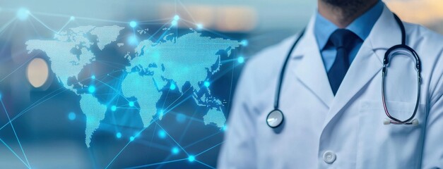 Aufkleber - Digital Health Concepts. A doctor in a white coat stands beside a digital world map, symbolizing global healthcare and connectivity in medicine.