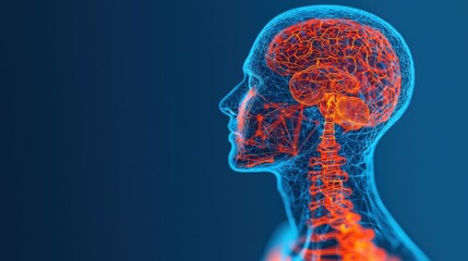 Fototapete - Digital Health Concepts. Human silhouette with a glowing neural network, illustrating the connection between the brain and the spine in a digital representation.
