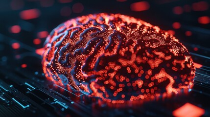 Poster - Digital Health Concepts. A glowing, digital representation of a brain, showcasing intricate patterns against a dark, technological background.