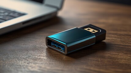 Sleek USB Adapter on Wood Surface with Laptop, Seamless Data Transfer