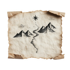 A vintage map illustration featuring mountains, a winding river, and a compass star, evoking a sense of adventure and exploration.