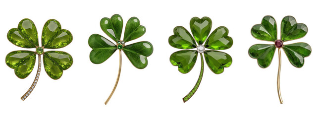 Wall Mural - Set of gemstone shamrock brooches with green crystals, isolated on transparent background